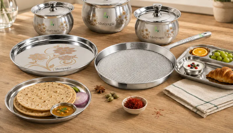 Shriyagic handis, thalis and a mesh tawa on a kitchen counter